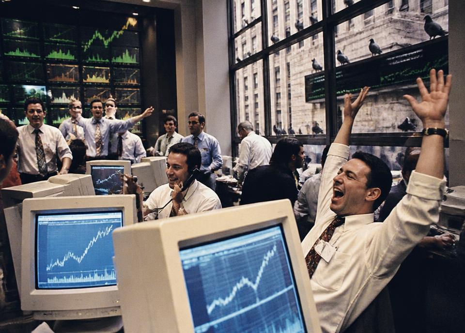 Archival interpretation of The Dot-Com Peak, with pigeons observing the financial event
