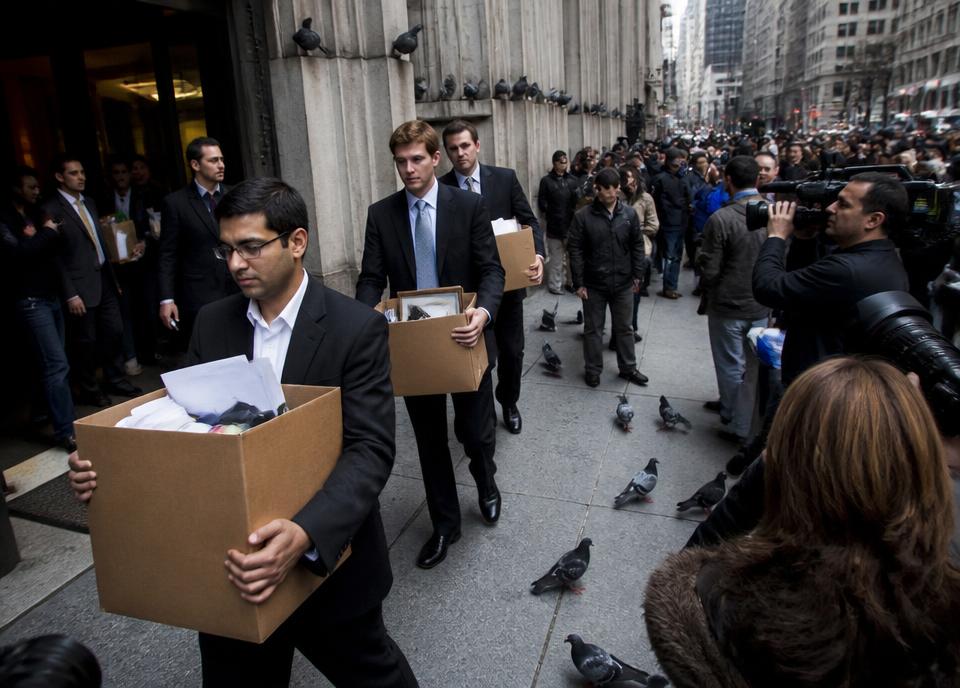 Archival interpretation of The Lehman Collapse, with pigeons observing the financial event