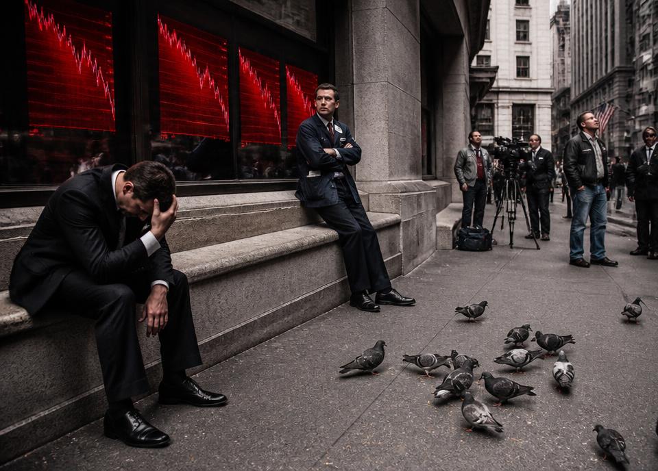 Archival interpretation of The Global Financial Crisis, with pigeons observing the financial event
