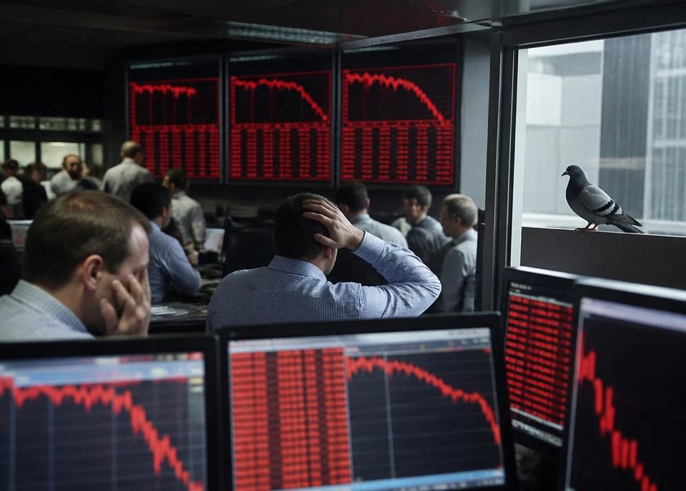 Archival interpretation of The Flash Crash, with pigeons observing the financial event