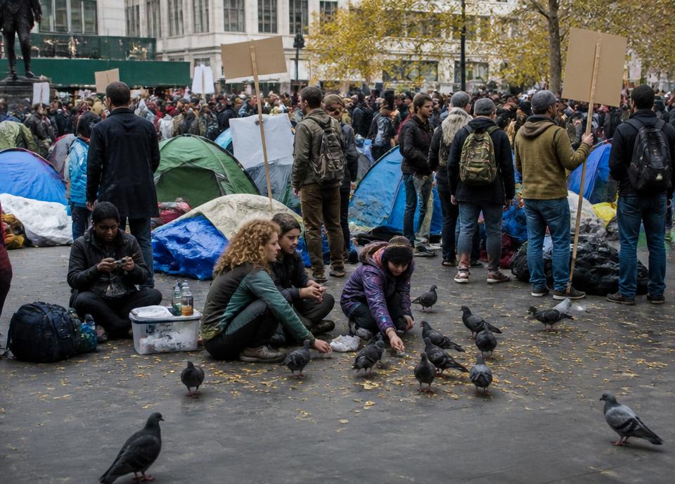 Archival interpretation of The Occupy Wall Street Protests, with pigeons observing the financial event