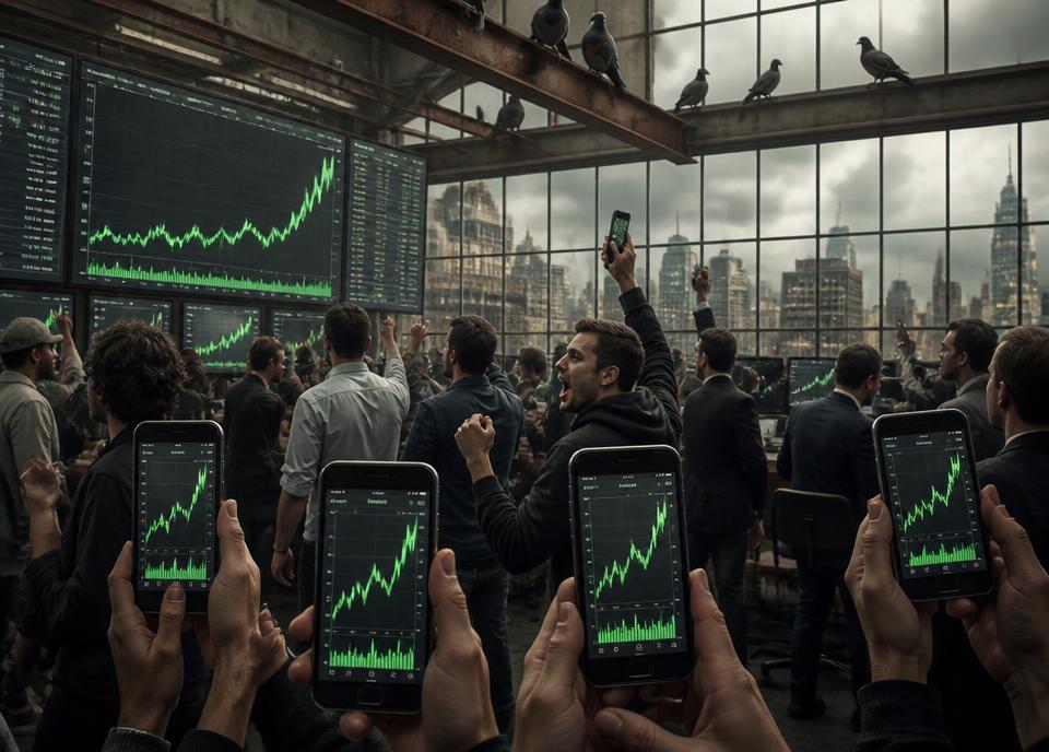 Archival interpretation of The GameStop Short Squeeze, with pigeons observing the financial event