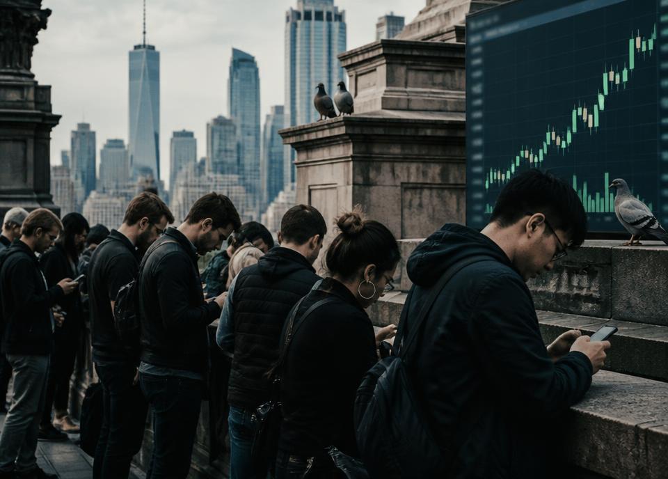 Archival interpretation of The Meme Stock Era, with pigeons observing the financial event