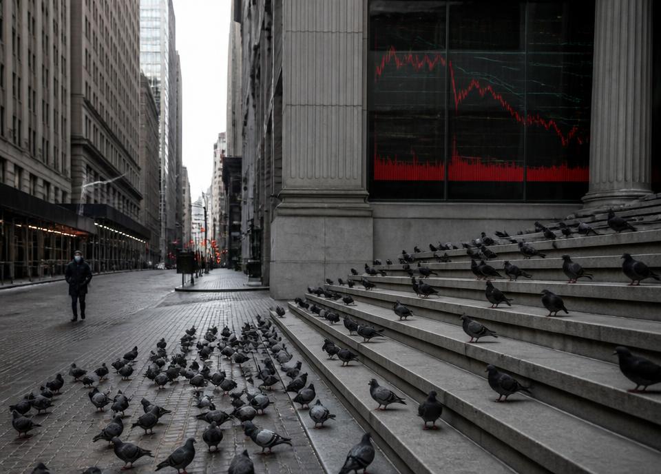 Archival interpretation of The COVID Market Crash, with pigeons observing the financial event