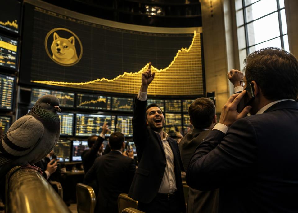 Archival interpretation of Dogecoin Mania, with pigeons observing the financial event