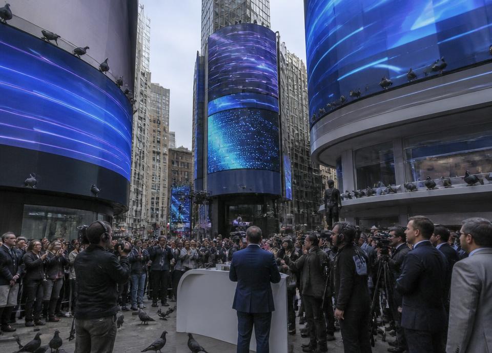 Archival interpretation of Coinbase IPO, with pigeons observing the financial event