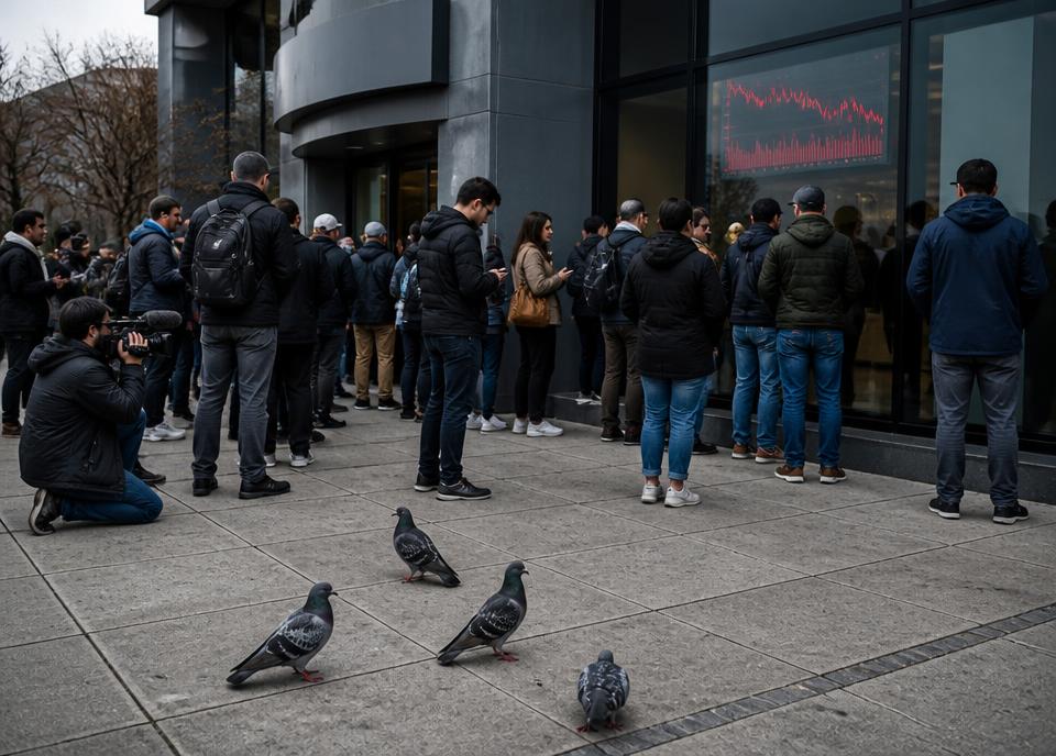 Archival interpretation of Silicon Valley Bank, with pigeons observing the financial event