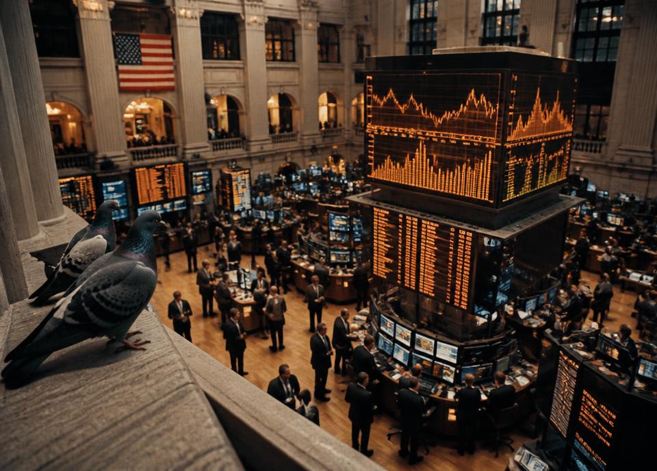 Archival interpretation of Bitcoin ETF Trading Begins, with pigeons observing the financial event
